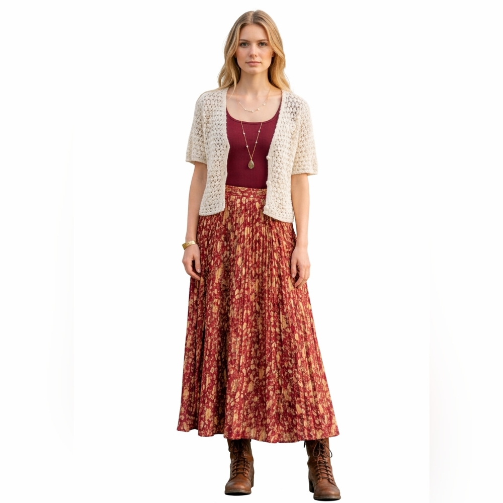Vintage 100% Silk Floral Pleated Midi Skirt Cottagecore Boho Maroon Medium